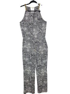 Laundry By Shelli Segal Black & White Printed Jumpsuit With Gold Chain Straps -